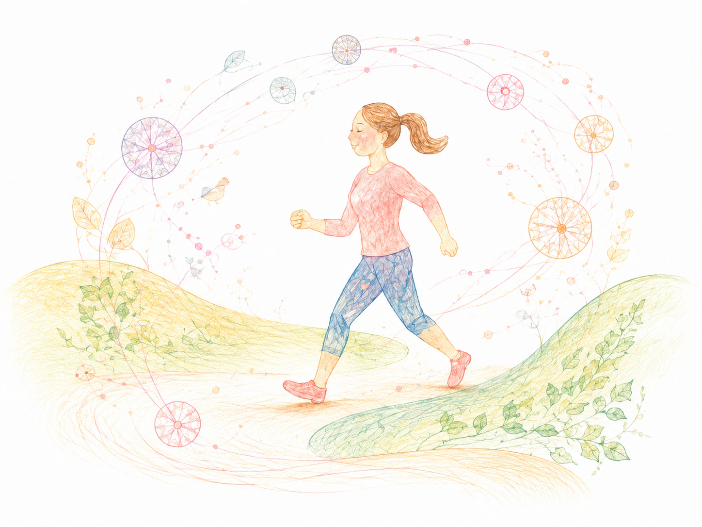 女性进行适宜步行活动的手绘插画
