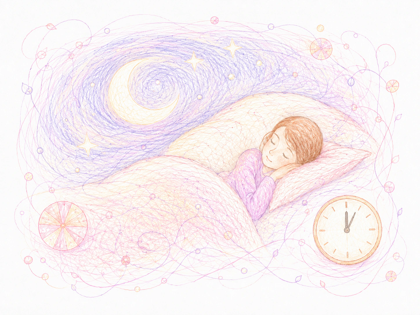 女性在月亮和时钟旁规律睡眠的手绘插画