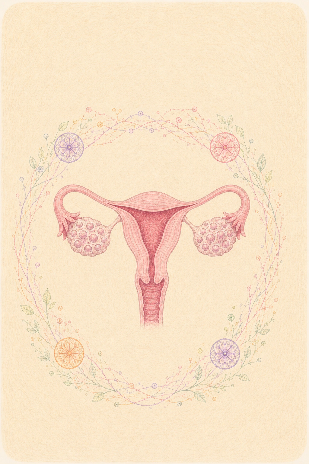 表现多囊卵巢综合征的女性生殖系统手绘插画